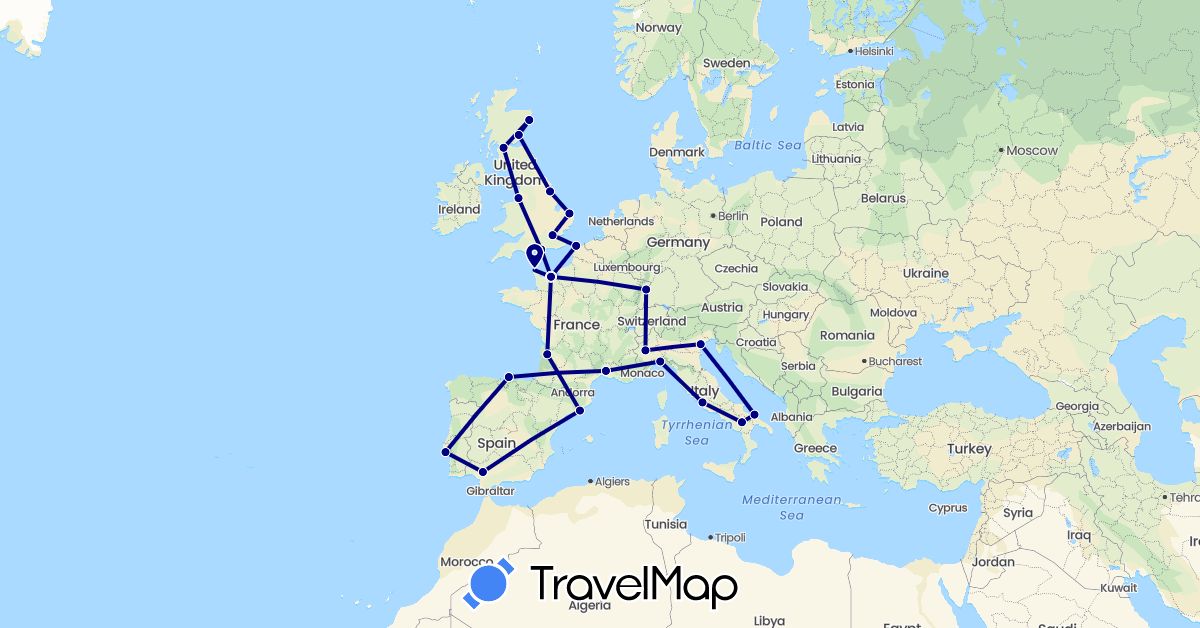 TravelMap itinerary: driving in Spain, France, United Kingdom, Italy, Portugal (Europe)